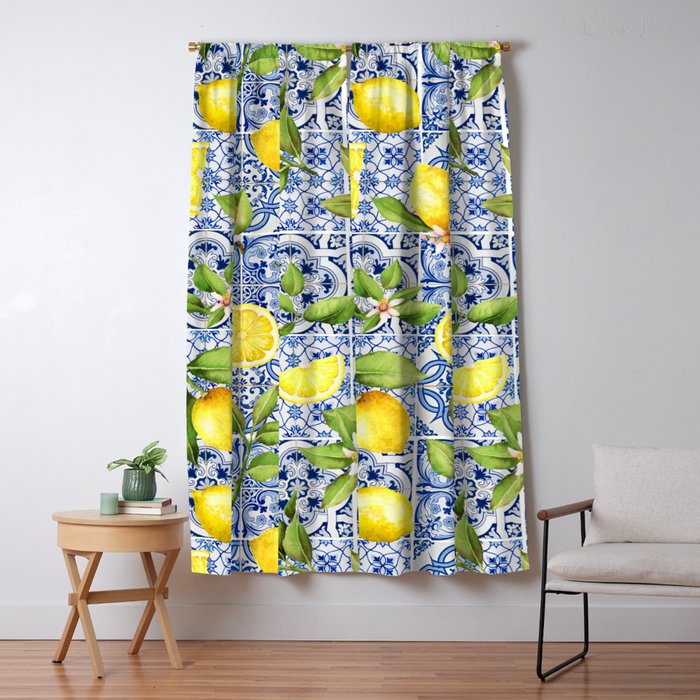Portuguese Vintage Summer  Blue Tiles And Lemons Window Curtain Gallery Image 1