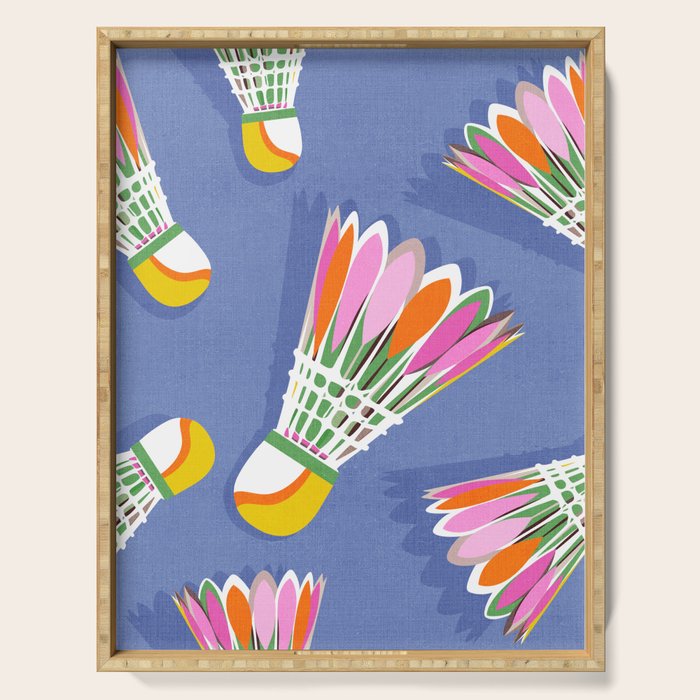Badminton Birdie Pop Art court sport pattern on cobalt blue Serving Tray Gallery Image 1