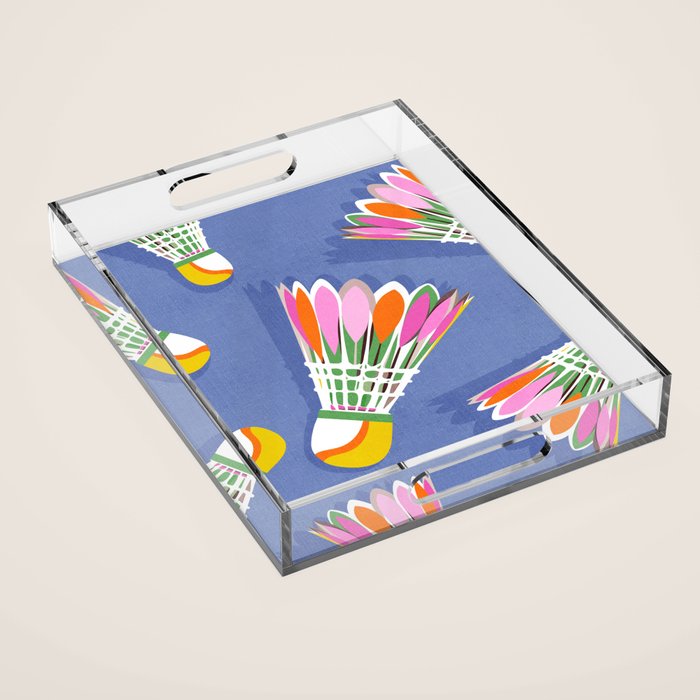 Badminton Birdie Pop Art court sport pattern on cobalt blue Acrylic Tray Gallery Image 1