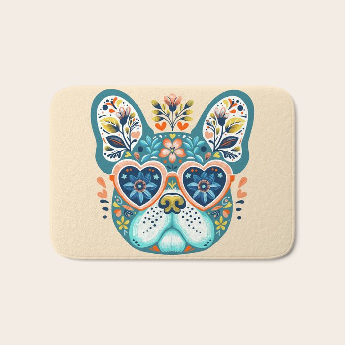 Cute French bulldog and heart shaped sunglasses  Bath Mat Gallery Image 1