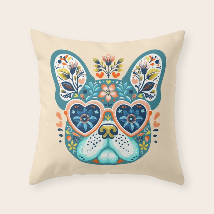 Cute French bulldog and heart shaped sunglasses  Throw Pillow Gallery Image 6