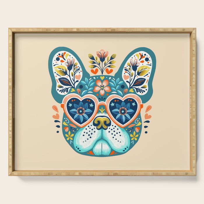 Cute French bulldog and heart shaped sunglasses  Serving Tray Gallery Image 1