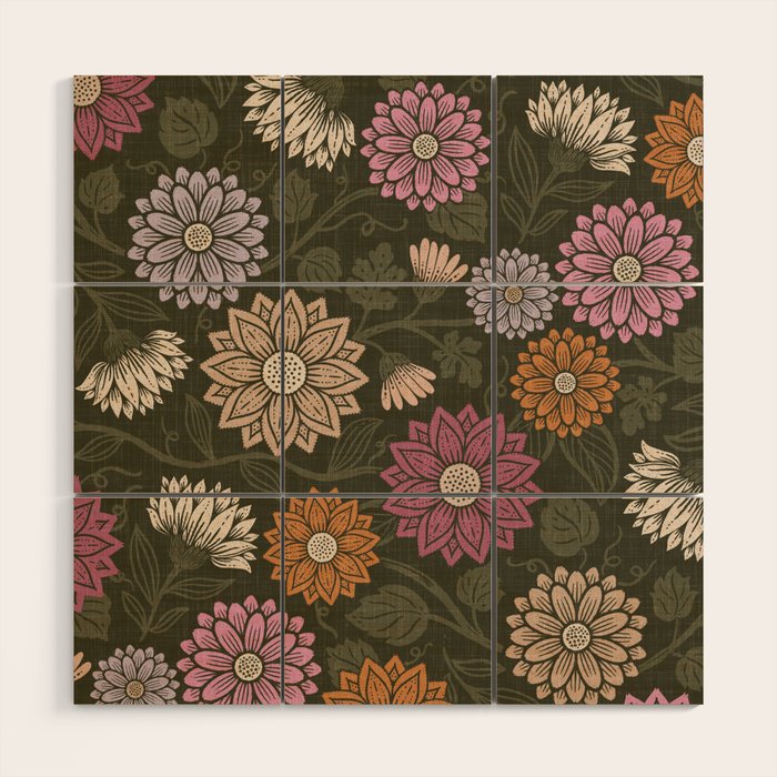 Mums and Vines Floral Mauve Olive and Rust Wood Wall Art Gallery Image 1