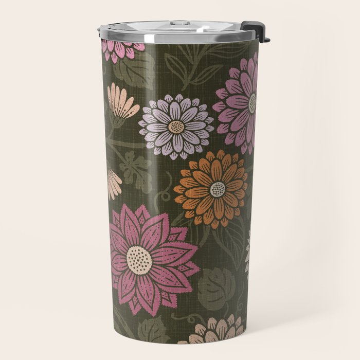 Mums and Vines Floral Mauve Olive and Rust Travel Mug Gallery Image 2