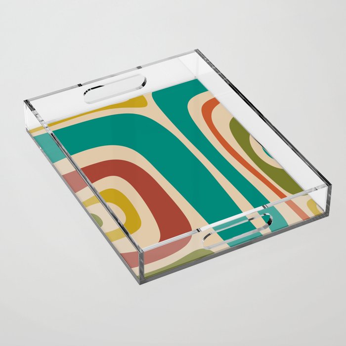 Tiki Minimalist Mid-Century Modern Abstract Pattern in Mid Mod Teal Orange Olive Mustard Beige Acrylic Tray Gallery Image 1