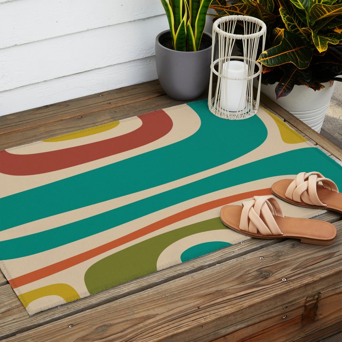 Tiki Minimalist Mid-Century Modern Abstract Pattern in Mid Mod Teal Orange Olive Mustard Beige Outdoor Rug Gallery Image 2