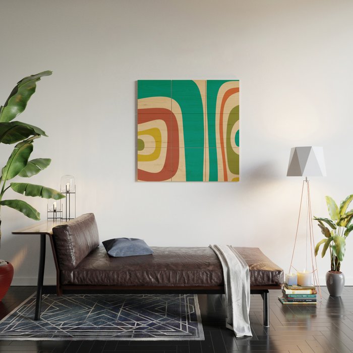 Tiki Minimalist Mid-Century Modern Abstract Pattern in Mid Mod Teal Orange Olive Mustard Beige Wood Wall Art Gallery Image 2