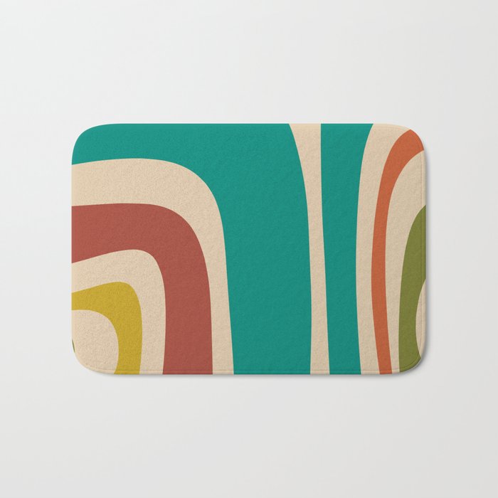 Tiki Minimalist Mid-Century Modern Abstract Pattern in Mid Mod Teal Orange Olive Mustard Beige Bath Mat Gallery Image 1