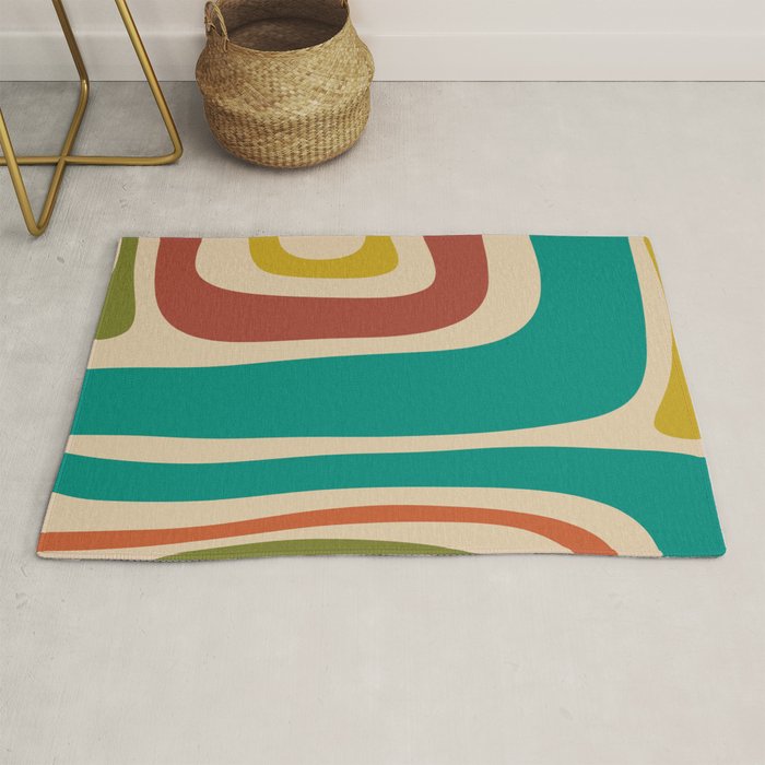 Tiki Minimalist Mid-Century Modern Abstract Pattern in Mid Mod Teal Orange Olive Mustard Beige Rug Gallery Image 1
