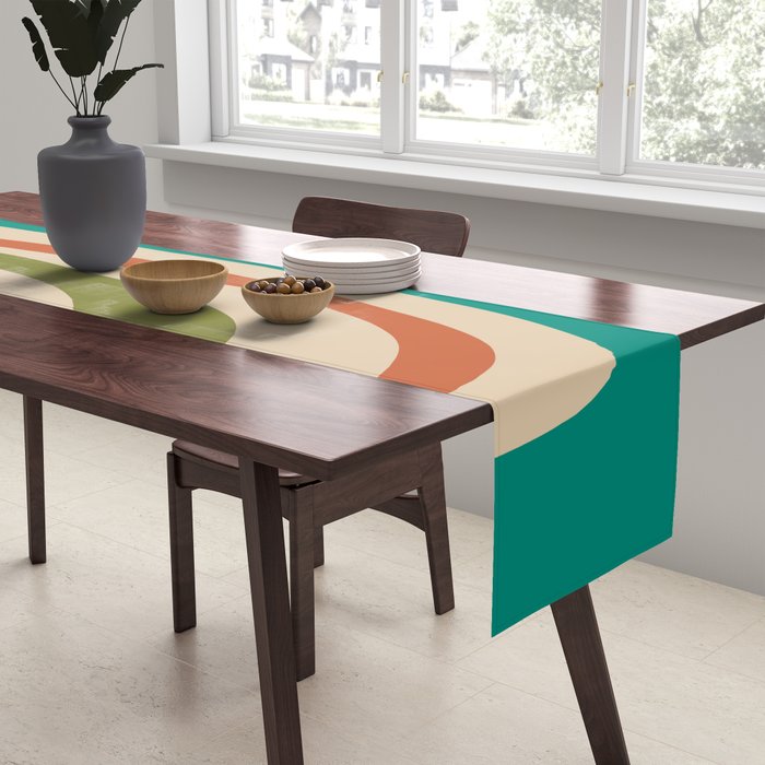 Tiki Minimalist Mid-Century Modern Abstract Pattern in Mid Mod Teal Orange Olive Mustard Beige Table Runner Gallery Image 2