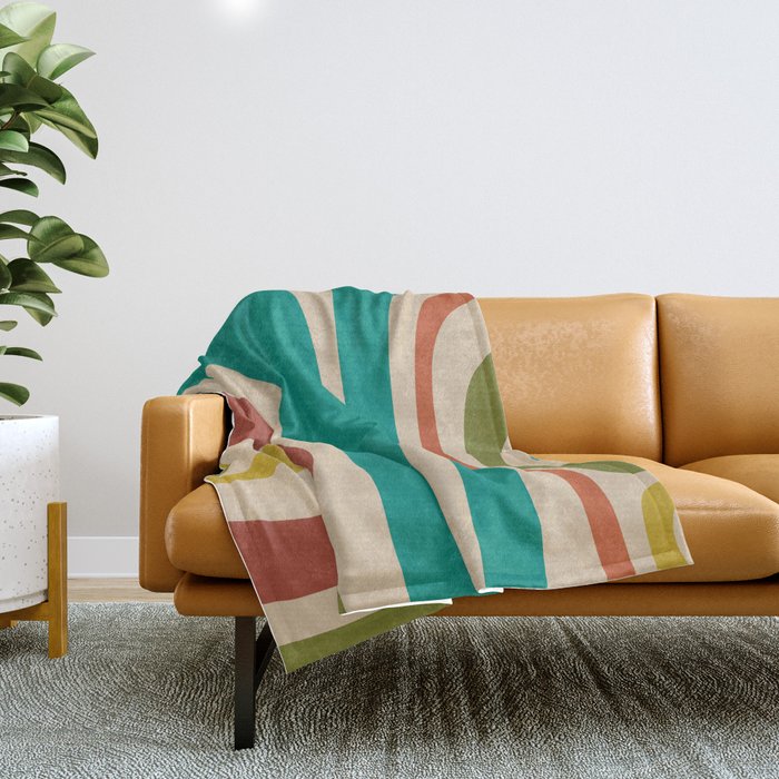 Tiki Minimalist Mid-Century Modern Abstract Pattern in Mid Mod Teal Orange Olive Mustard Beige Throw Blanket Gallery Image 1