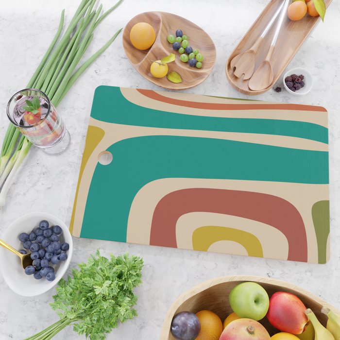 Tiki Minimalist Mid-Century Modern Abstract Pattern in Mid Mod Teal Orange Olive Mustard Beige Cutting Board Gallery Image 2