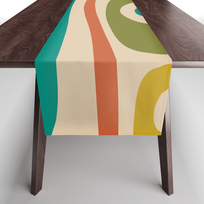 Tiki Minimalist Mid-Century Modern Abstract Pattern in Mid Mod Teal Orange Olive Mustard Beige Table Runner Gallery Image 1