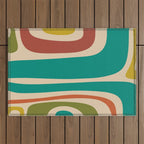 Tiki Minimalist Mid-Century Modern Abstract Pattern in Mid Mod Teal Orange Olive Mustard Beige Outdoor Rug Gallery Image 1