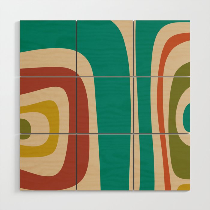 Tiki Minimalist Mid-Century Modern Abstract Pattern in Mid Mod Teal Orange Olive Mustard Beige Wood Wall Art Gallery Image 1