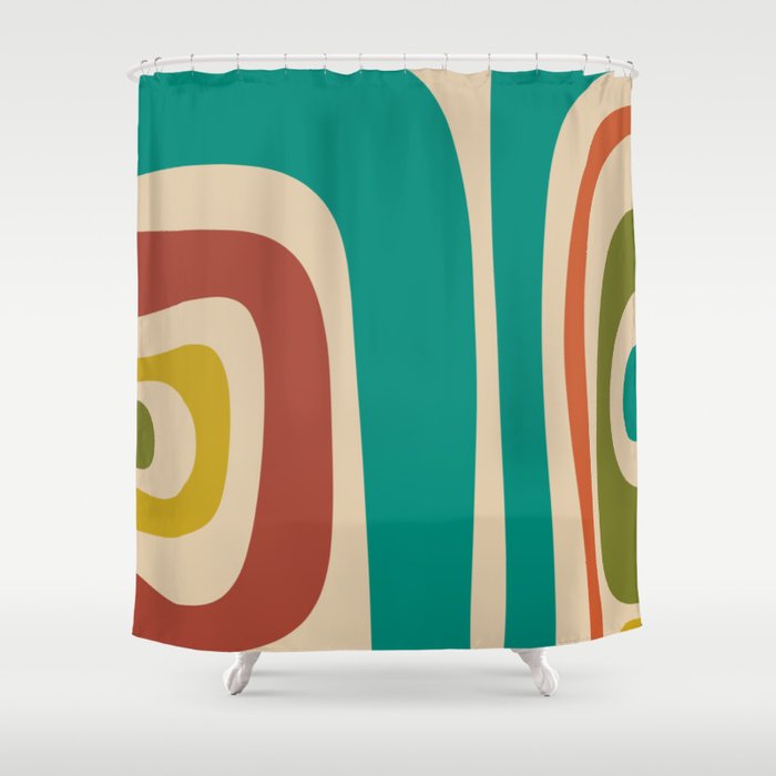 Tiki Minimalist Mid-Century Modern Abstract Pattern in Mid Mod Teal Orange Olive Mustard Beige Shower Curtain Gallery Image 1