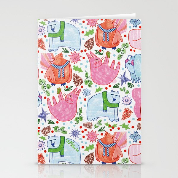 Winter Forest Woodland Animals in Pink & Blue Stationery Card Gallery Image 2