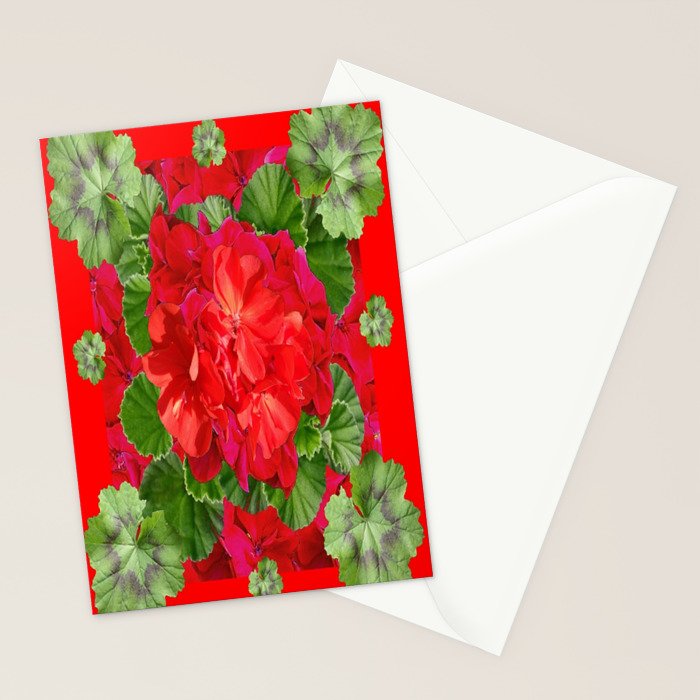 Decorative Red Flower Geraniums Green Leaves Abstract Stationery Card Gallery Image 2