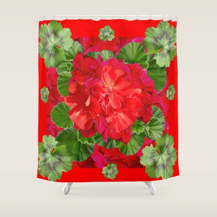 Decorative Red Flower Geraniums Green Leaves Abstract Shower Curtain Gallery Image 1