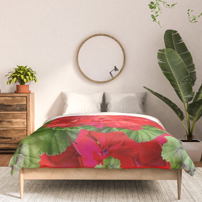 Decorative Red Flower Geraniums Green Leaves Abstract Comforter Gallery Image 3