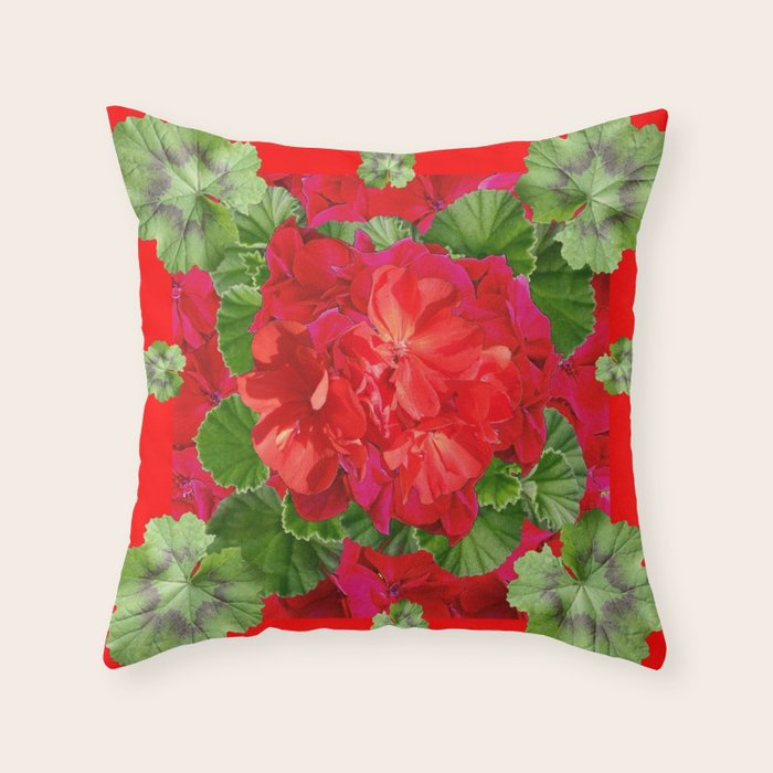 Decorative Red Flower Geraniums Green Leaves Abstract Throw Pillow