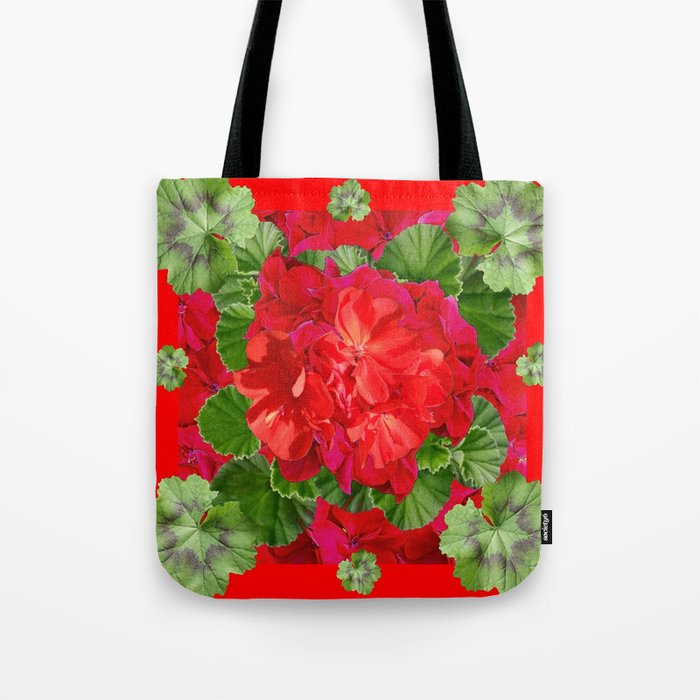 Decorative Red Flower Geraniums Green Leaves Abstract Tote Bag Gallery Image 1