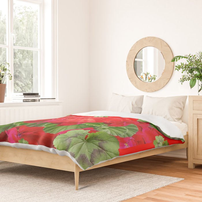 Decorative Red Flower Geraniums Green Leaves Abstract Duvet Cover Gallery Image 2