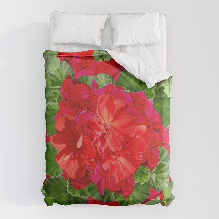 Decorative Red Flower Geraniums Green Leaves Abstract Duvet Cover Gallery Image 1
