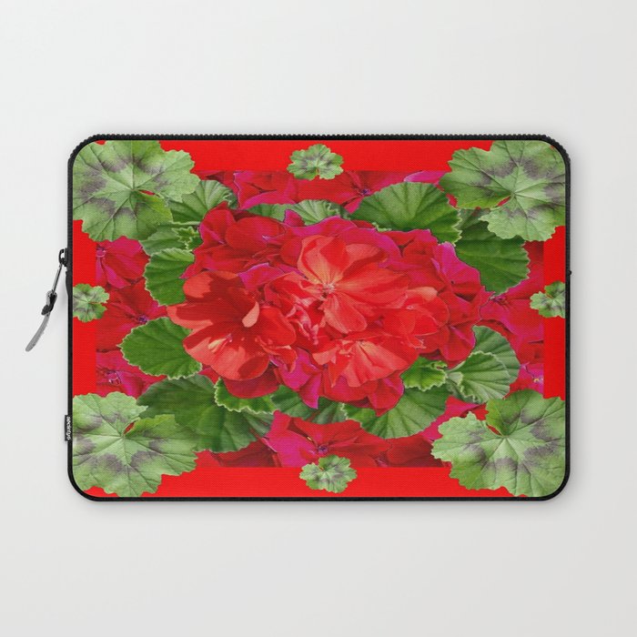 Decorative Red Flower Geraniums Green Leaves Abstract Laptop Sleeve Gallery Image 1
