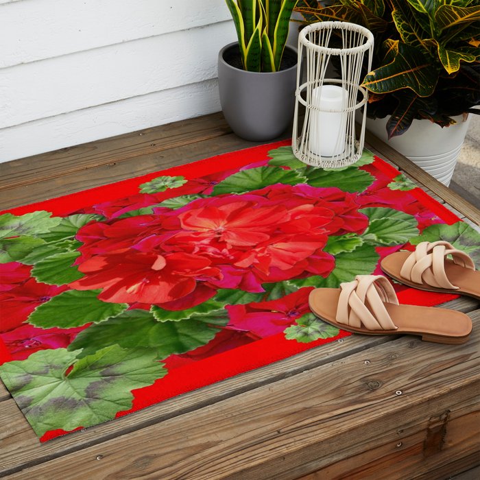 Decorative Red Flower Geraniums Green Leaves Abstract Outdoor Rug Gallery Image 2