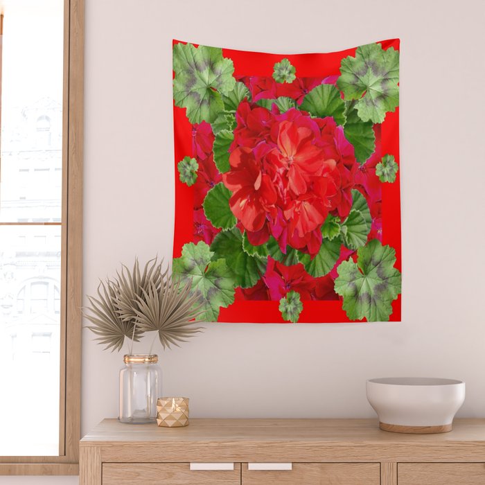 Decorative Red Flower Geraniums Green Leaves Abstract Wall Tapestry Gallery Image 2