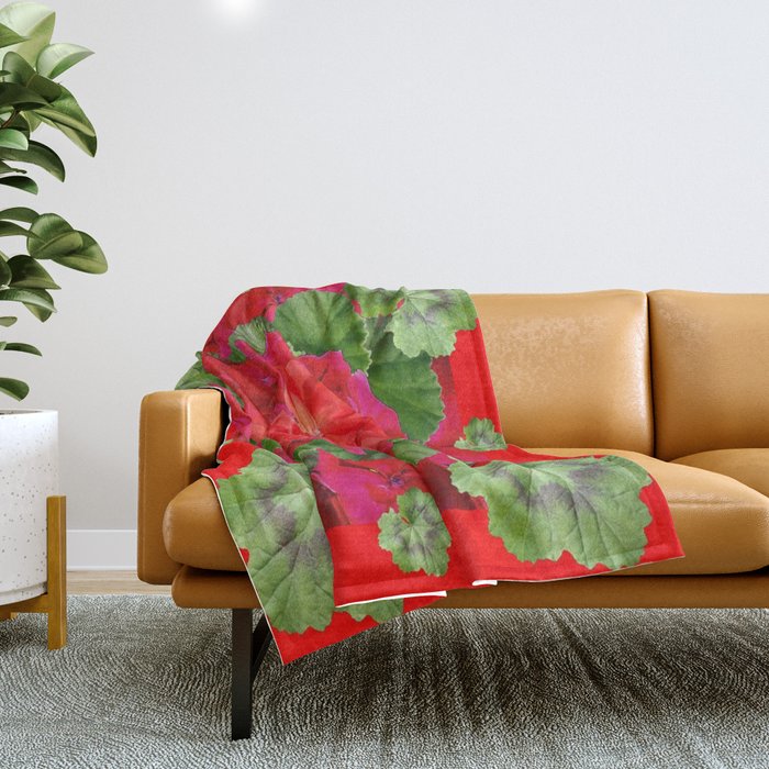 Decorative Red Flower Geraniums Green Leaves Abstract Throw Blanket
