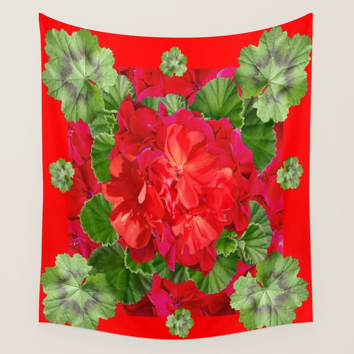 Decorative Red Flower Geraniums Green Leaves Abstract Wall Tapestry Gallery Image 1