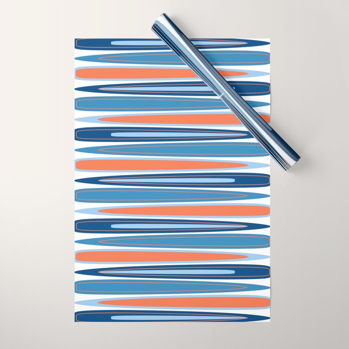 Mid Century Modern Vintage Inspired Stripes in Classic Blues and Muted Orange Wrapping Paper Gallery Image 1