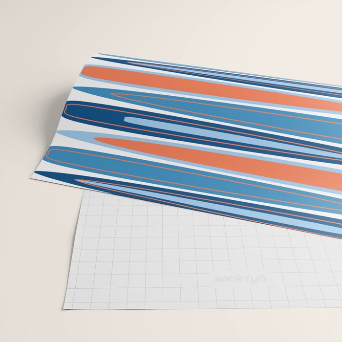 Mid Century Modern Vintage Inspired Stripes in Classic Blues and Muted Orange Wrapping Paper Gallery Image 2