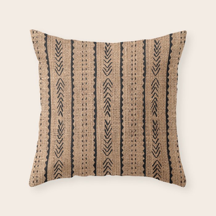 Burlap Mud Cloth Pattern  Throw Pillow Gallery Image 1