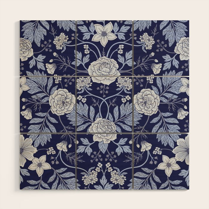 Light Blue, Cobalt Blue, & White Floral Pattern Wood Wall Art Gallery Image 1