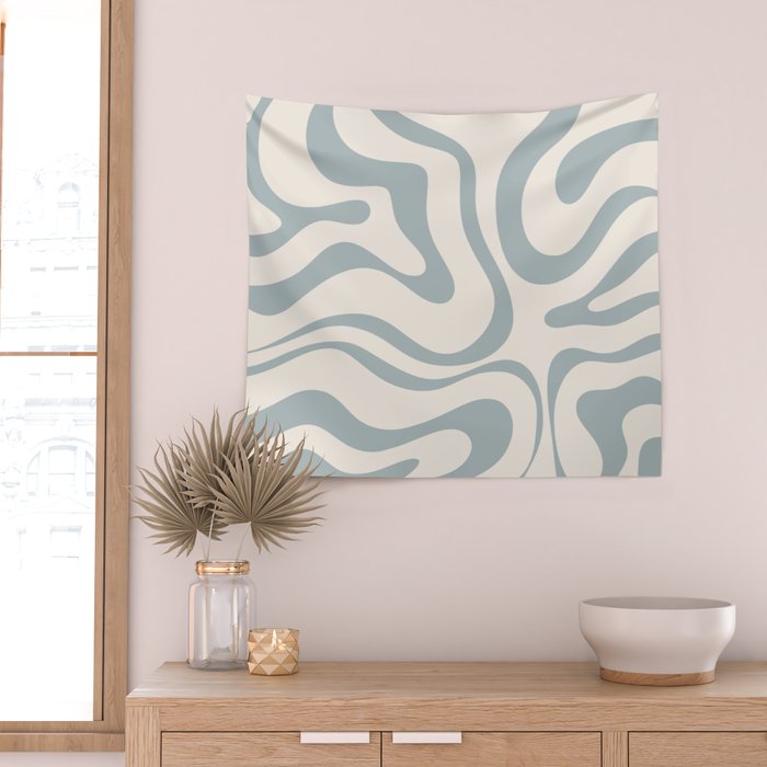 Modern Liquid Swirl Abstract Pattern in Light Blue-Gray and Cream Wall Tapestry Gallery Image 2