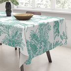 Toile de Jouy Vintage French Exotic Jungle Forest Teal & White Tablecloth Gallery Image 3