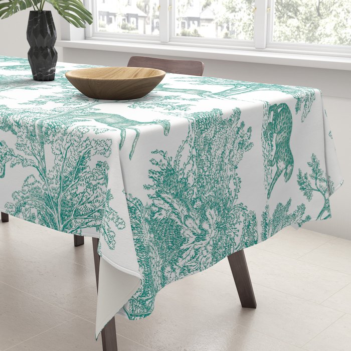 Toile de Jouy Vintage French Exotic Jungle Forest Teal & White Tablecloth Gallery Image 3
