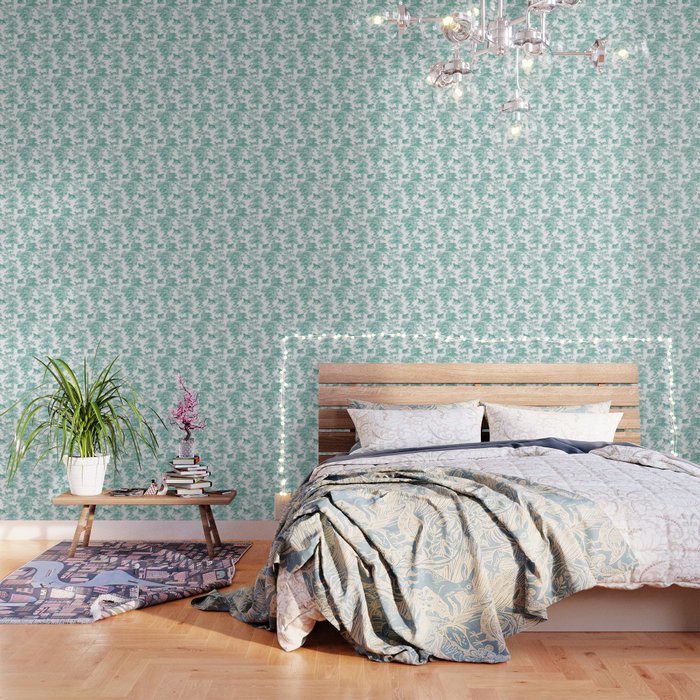 Toile de Jouy Vintage French Exotic Jungle Forest Teal & White Wallpaper Gallery Image 1