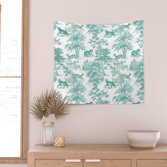 Toile de Jouy Vintage French Exotic Jungle Forest Teal & White Wall Tapestry Gallery Image 2