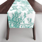 Toile de Jouy Vintage French Exotic Jungle Forest Teal & White Table Runner Gallery Image 1
