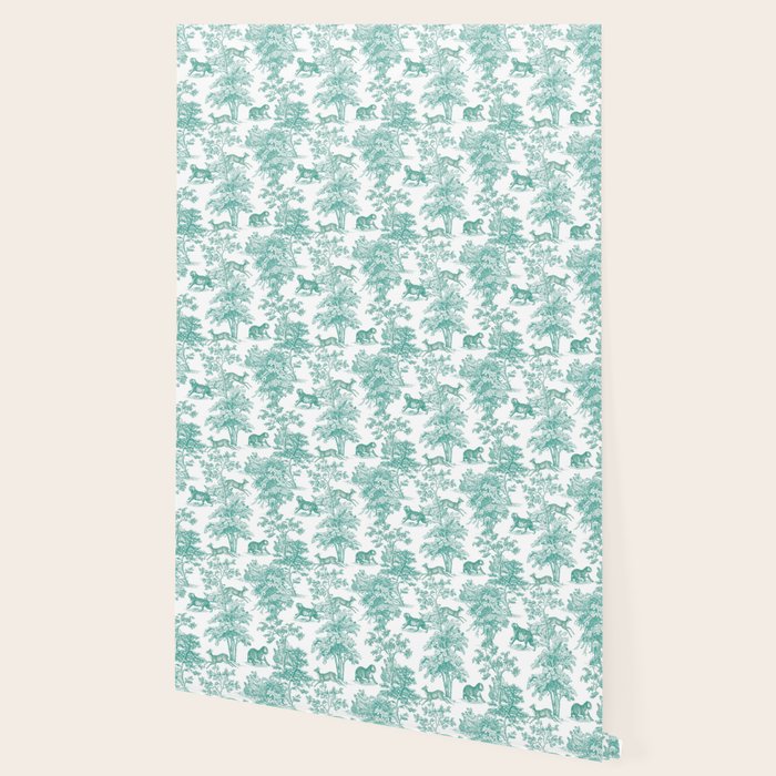 Toile de Jouy Vintage French Exotic Jungle Forest Teal & White Wallpaper Gallery Image 2
