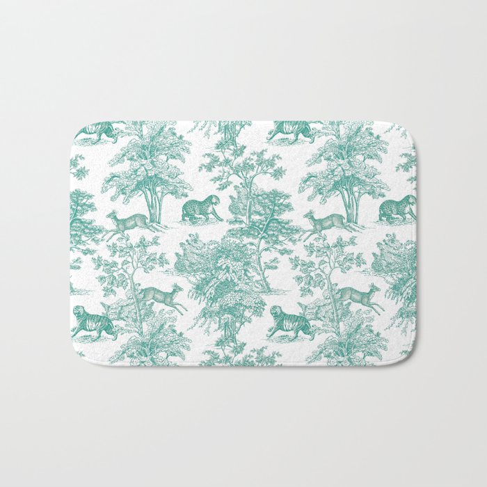 Toile de Jouy Vintage French Exotic Jungle Forest Teal & White Bath Mat Gallery Image 1