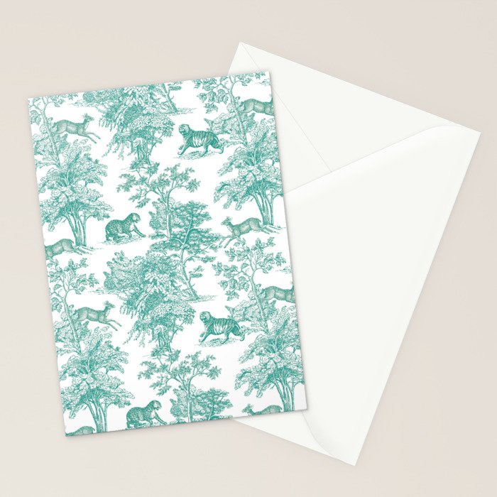 Toile de Jouy Vintage French Exotic Jungle Forest Teal & White Stationery Card Gallery Image 2