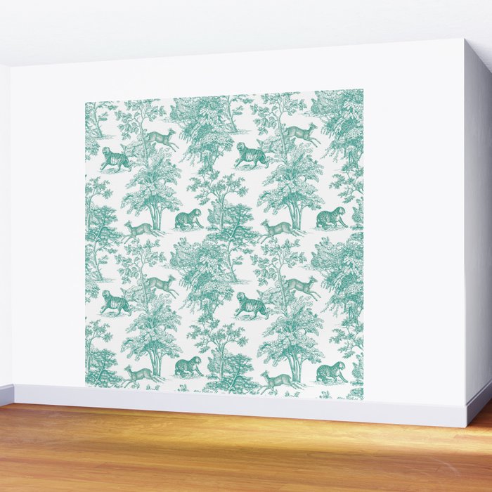 Toile de Jouy Vintage French Exotic Jungle Forest Teal & White Wall Mural Gallery Image 2