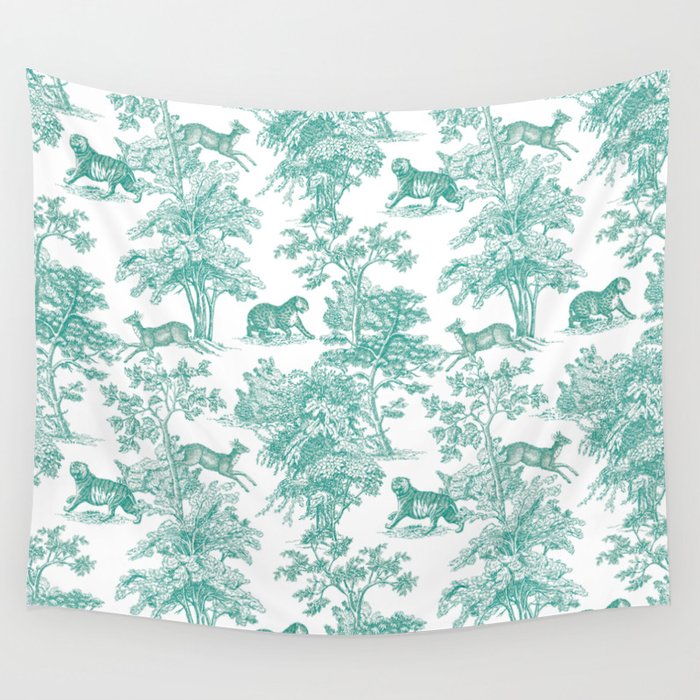 Toile de Jouy Vintage French Exotic Jungle Forest Teal & White Wall Tapestry Gallery Image 1