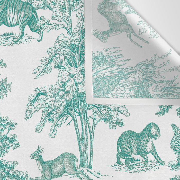 Toile de Jouy Vintage French Exotic Jungle Forest Teal & White Wall Tapestry Gallery Image 3