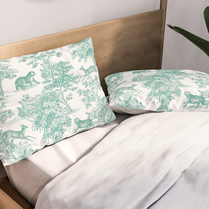 Toile de Jouy Vintage French Exotic Jungle Forest Teal & White Pillow Sham Gallery Image 2